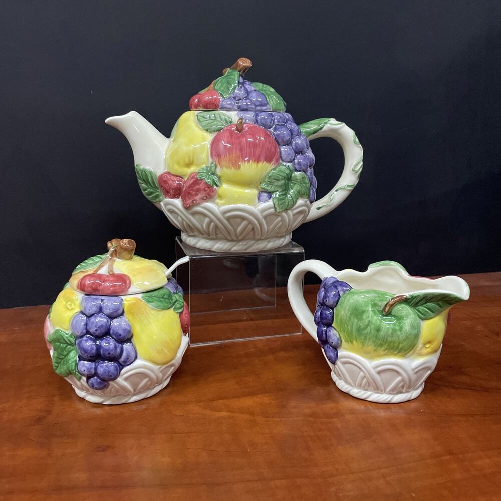 Vtg Otagiri Teapot Creamer Set Of 3 Fruit Berries Japanese Hand Painted
